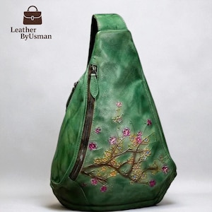 Floral Geniune Leather Chest Bags, Vintage Embossed Shoulder Bags, Handmade Elegant Travel Backpacks, Versatile Adjustable Strap Sling Bags Green