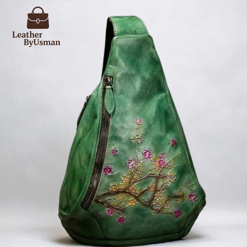 Floral Geniune Leather Chest Bags, Vintage Embossed Shoulder Bags, Handmade Elegant Travel Backpacks, Versatile Adjustable Strap Sling Bags Green