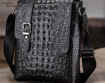 Mens Genuine Leather Crossbody Bag, Crocodile Pattern Shoulder Bag, Vintage Messenger Satchel, Travel Chest Bag for Men, Flap Pocket Bags