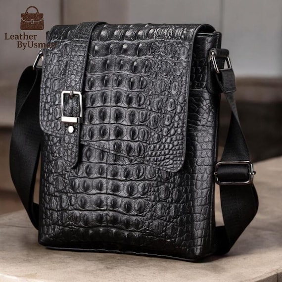 Mens Genuine Leather Crossbody Bag, Crocodile Pattern Shoulder Bag, Vintage Messenger Satchel, Travel Chest Bag for Men, Flap Pocket Bags