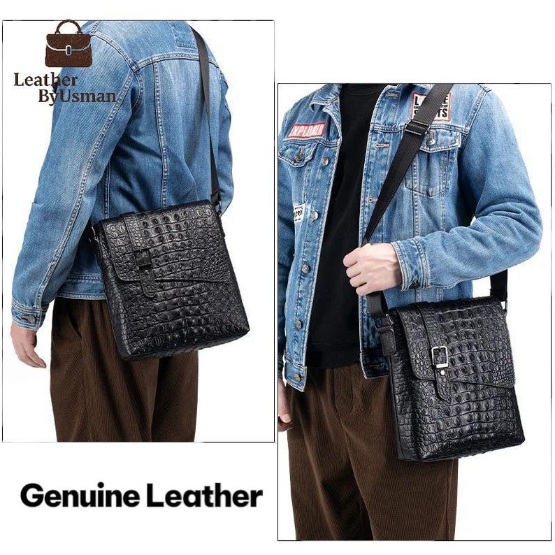 K&ouml;nnte beinhalten: Schwarze Leder-Umh&auml;ngetasche mit Krokodilhautstruktur. Die Tasche hat einen Klappenverschluss mit Schnalle und einen verstellbaren Schultergurt. Die Tasche wird von einer Person mit einer Jeansjacke getragen.