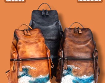 Handgefertigter Lederrucksack: Vintage Reiserucksack, geprägtes Design