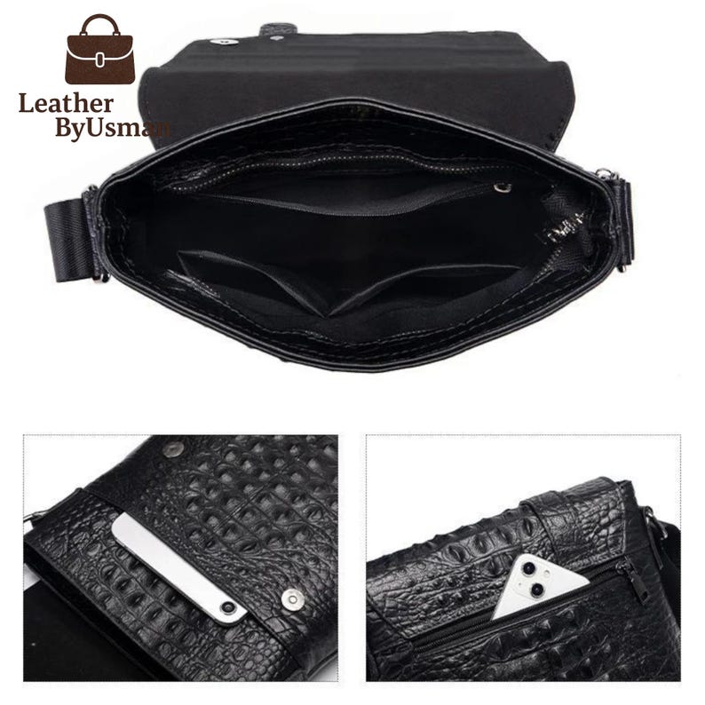 K&ouml;nnte beinhalten: Schwarze Leder-Umh&auml;ngetasche mit Krokodilhautstruktur. Die Tasche hat mehrere F&auml;cher, darunter ein Hauptfach mit Rei&szlig;verschluss und mehrere Innentaschen. Die Tasche hat einen Klappenverschluss und einen verstellbaren Schultergurt. Der Markenname "Leather ByUsman" ist sichtbar.