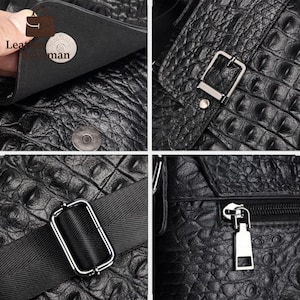 K&ouml;nnte beinhalten: Nahaufnahme einer schwarzen Ledertasche mit Krokodilhautstruktur. Die Tasche hat eine silberne Schnalle, einen Rei&szlig;verschluss und einen schwarzen Riemen. Der Text "Leather man" ist auf der Tasche zu sehen.