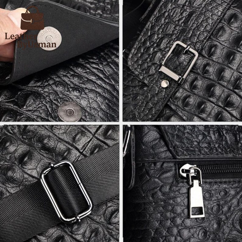 K&ouml;nnte beinhalten: Nahaufnahme einer schwarzen Ledertasche mit Krokodilhautstruktur. Die Tasche hat eine silberne Schnalle, einen Rei&szlig;verschluss und einen schwarzen Riemen. Der Text "Leather man" ist auf der Tasche zu sehen.