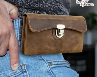 Herren Echtleder Gürteltasche, handgefertigte Distressed Gürteltasche mit Schloss, Retro Fanny Pack für Telefon und Bargeld, kleine Crossbody Wallet Taschen