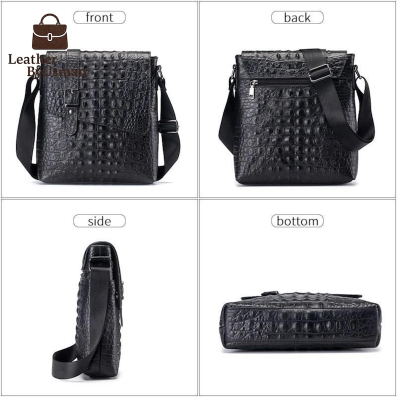 K&ouml;nnte beinhalten: Schwarze Leder-Umh&auml;ngetasche mit Krokodilhaut-Textur. Die Tasche hat einen Klappenverschluss mit Schnalle, einen Schulterriemen und eine Rei&szlig;verschlusstasche auf der R&uuml;ckseite. Ansichten: vorne, hinten, Seite und unten.
