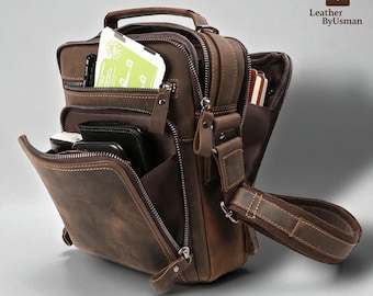 Men Genuine Leather Cross body Bags, Vintage Style Shoulder Satchel, Casual Versatile Messenger Bag, Outdoor Travel Purse, Office Retro Bags