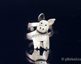 Pig Ring / Sterling Silver Farm Animal Pig Ring - Peggy