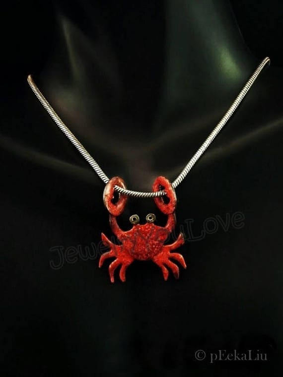 Sterling Silver/ Enamel Crab Necklace Crimson Etsy