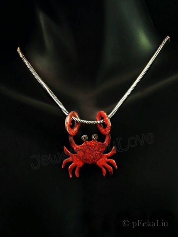 Sterling Silver/ Enamel Crab Necklace Crimson Etsy