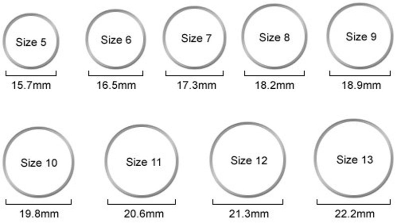 May include: A chart showing ring sizes 5 through 13 with corresponding measurements in millimeters. The chart shows the size of the ring in the center of each circle and the measurement in millimeters below each circle.