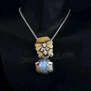 Handmade Oxidized Sterling Silver / Vintage Glass Opal/ Fortune Teller Necklace - Madam Fate