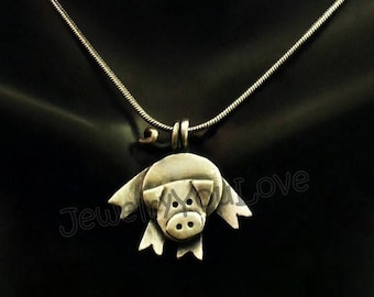 Pig Necklace/ Sterling Silver Farm Animal Acrobatic Pig Necklace - Petunia
