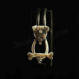 Handmade Oxidized Sterling Silver / Leather Pug Bracelet - Daisy