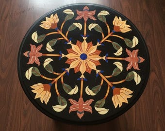 Handmade Black Marble Table: Coral, Lapis, Carnelian Inlay