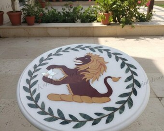 Handmade Marble Lion Table: Semi Precious Stone Accent