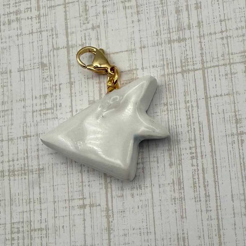May include: A white, star-shaped charm with a gold-colored clasp. The charm has a pearlescent finish and is suspended from a small, round clasp. The background is a light wood grain pattern.