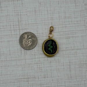 May include: A gold-colored charm with a black center featuring a green snake design. The charm is round with a gold border and a gold clasp. A quarter coin is next to the charm for size comparison.