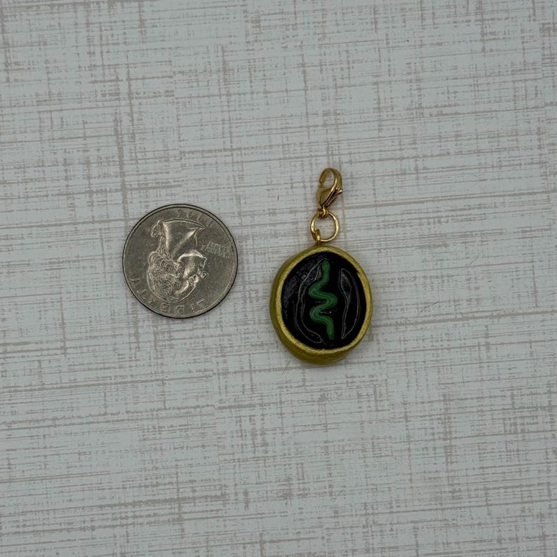 May include: A gold-colored charm with a black center featuring a green snake design. The charm is round with a gold border and a gold clasp. A quarter coin is next to the charm for size comparison.