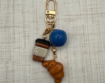 Morning Ritual – Coffee, Croissant & Blueberry Charm Set | Food Charms | Handmade Beaded Keychain