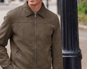 Mens Handcrafted Tan Suede Leather trucker Bomber Jacket: Retro Biker Style Street Urban Wear