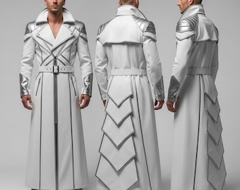 Mens White Cyberpunk Leather Trench Coat Long Jacket Gothic Futuristic Cosplay Overcoat