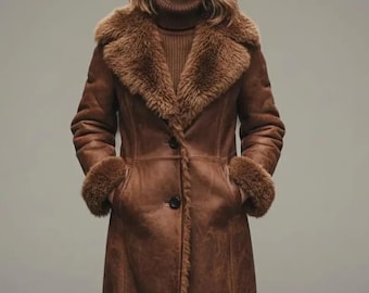 Womens Sheepskin Leather Shearling Long Trench Coat Fur Colllar & Fur Linned Vintage/Urban Style
