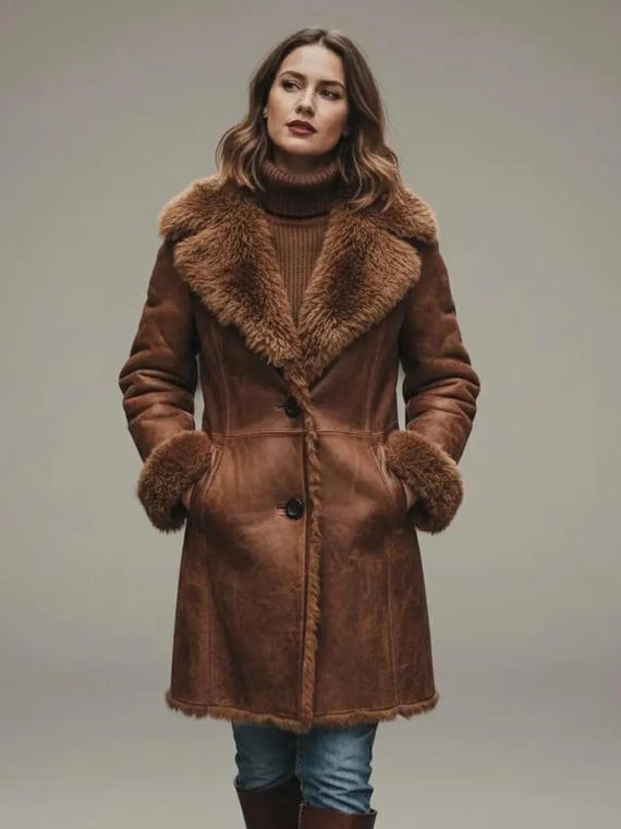 Womens Sheepskin Leather Shearling Long Trench Coat Fur Colllar & Fur Linned Vintage/Urban Style
