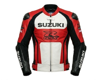 Suzuki Cowhide Leather Racing Jacket for Men – Motorcycle Protection & Style With Hump