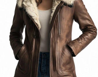 Womens Distressed Shearling Genuine LambskinLeather Trench Coat Overcoat with Fur Collar