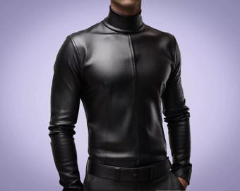 Men's Genuine Sheepskin Leather Turtle Neck Shirt - Moto, Cafe Racer Style