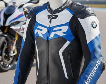 Mens BMW S1000 RR Motorcycle Leather Racing Jacket, CE Level 2 Protection With Hump
