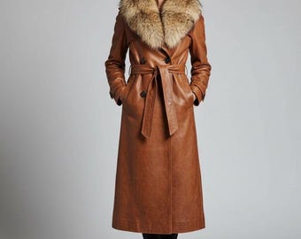 Womens Genuine Leather Trench Coat with Fur Collar Street Style Party wear Fashion Outewear