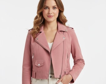 Women's Genuine Suede Leather Jacket: Cropped Urban/Vintage street Biker Style Fashion wear