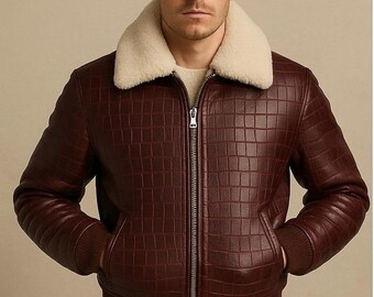 Men's Lambskin Leather Jacket, Crocodile Embossed with Fur Collar