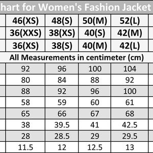 May include: A size chart for women's fashion jackets and coats. Measurements are in centimeters. Includes chest, waist, bottom, sleeve, and back length, back yoke, cuff, and shoulder measurements for various sizes.