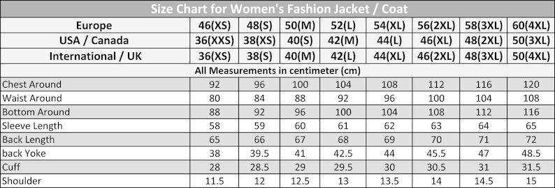 May include: A size chart for women's fashion jackets and coats. Measurements are in centimeters. Includes chest, waist, bottom, sleeve, and back length, back yoke, cuff, and shoulder measurements for various sizes.