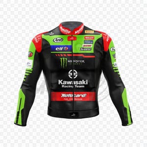 Könnte beinhalten: Schwarze und grüne Kawasaki Racing Team Motorradjacke mit roten und weißen Akzenten. Mit Sponsorenlogos wie Monster Energy, Elf und MotoCard. Die Jacke hat einen Stehkragen und ist für den Rennsport konzipiert.