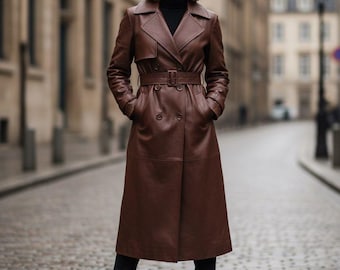 Women's Cowhide Leather Trench Coat: Vintage Style Long Overcoat