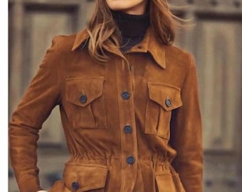 Women's Genuine Suede Leather Trucker Jacket Classic Style Coat Vintage Urban Warm Durable Wear