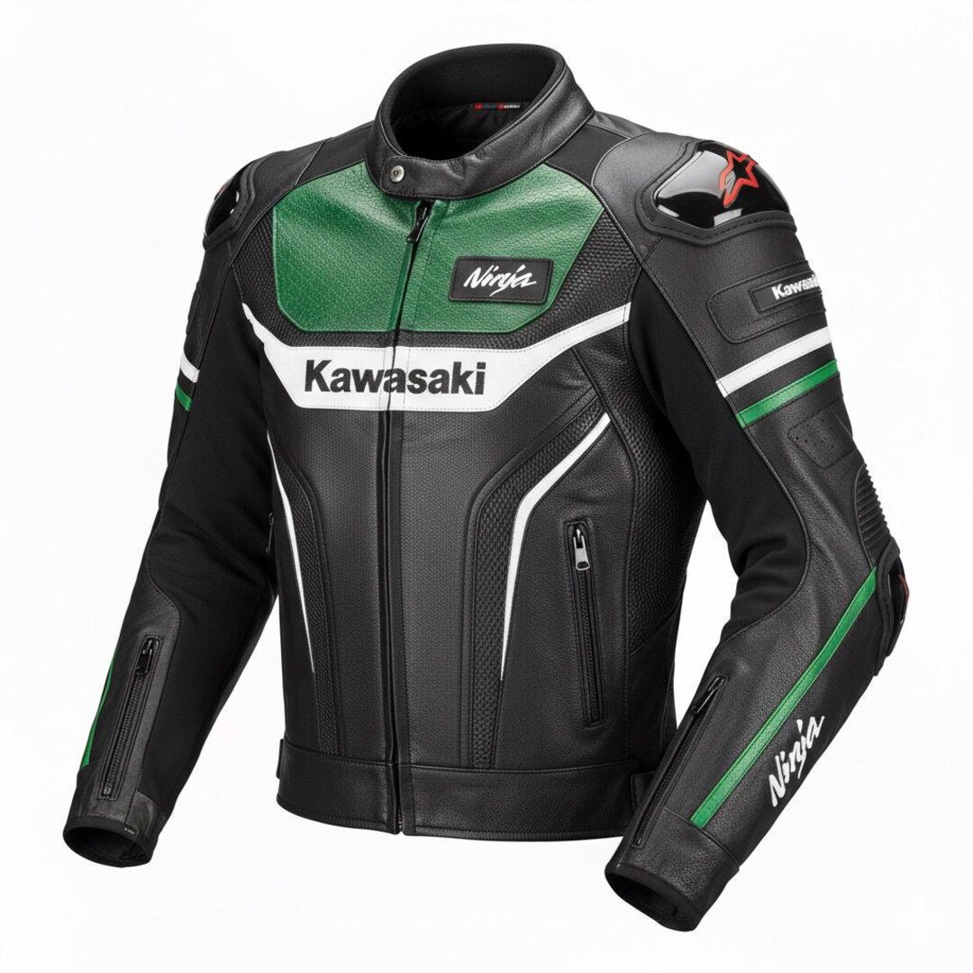Mens Kawasaki Ninja Leather Racing Biker Jacket With CE Level 2