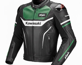 Mens Kawasaki Ninja Leather Racing Biker Jacket with CE Level 2 Hump  Protection