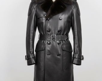 Womens Sheepskin Leather Shearling Long Trench Coat Fur Colllar Urban Street Classic Style