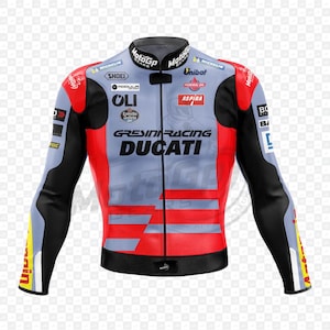 May include: A motorcycle racing jacket in grey, red, and black. The jacket displays the "Gresin Racing Ducati" logo and sponsor branding such as "Michelin" and "MotoGP". The sleeves are black with yellow and white detailing.