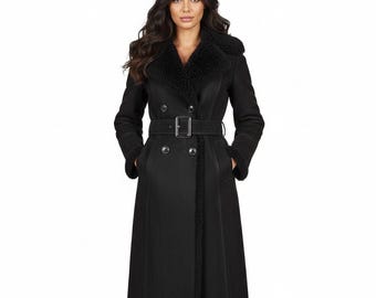 Womens Suede Shearling Genuine Leather Trench Coat Fur Colllar & Fur Linned Winter Outerwear