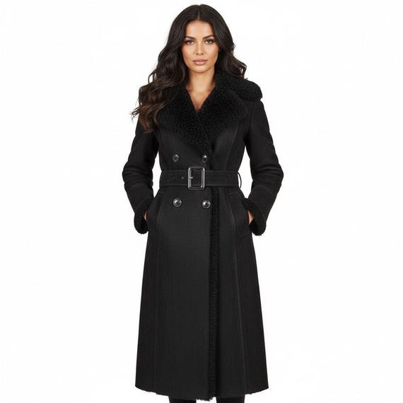 Womens Suede Shearling Genuine Leather Trench Coat Fur Colllar & Fur Linned Winter Outerwear