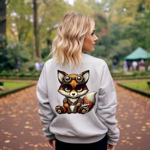 May include: A light grey sweatshirt with a cartoon fox illustration on the back. The fox is depicted in shades of brown, orange, and white, wearing goggles and a vest. The sweatshirt has a crew neck and long sleeves. The text "snakwox" is on the fox's paw.