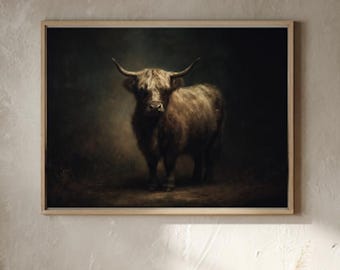 Highland Kuh Wand Kunst Druck, Stimmungsvolle Ölmalerei Pinselstriche, Rustikale Bauernhaus Dekor