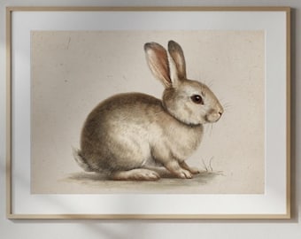 Vintage Bunny Art Print | Neutral Easter Wall Art | Rustic Farmhouse Spring Decor | Cottagecore Printable | Digital Download